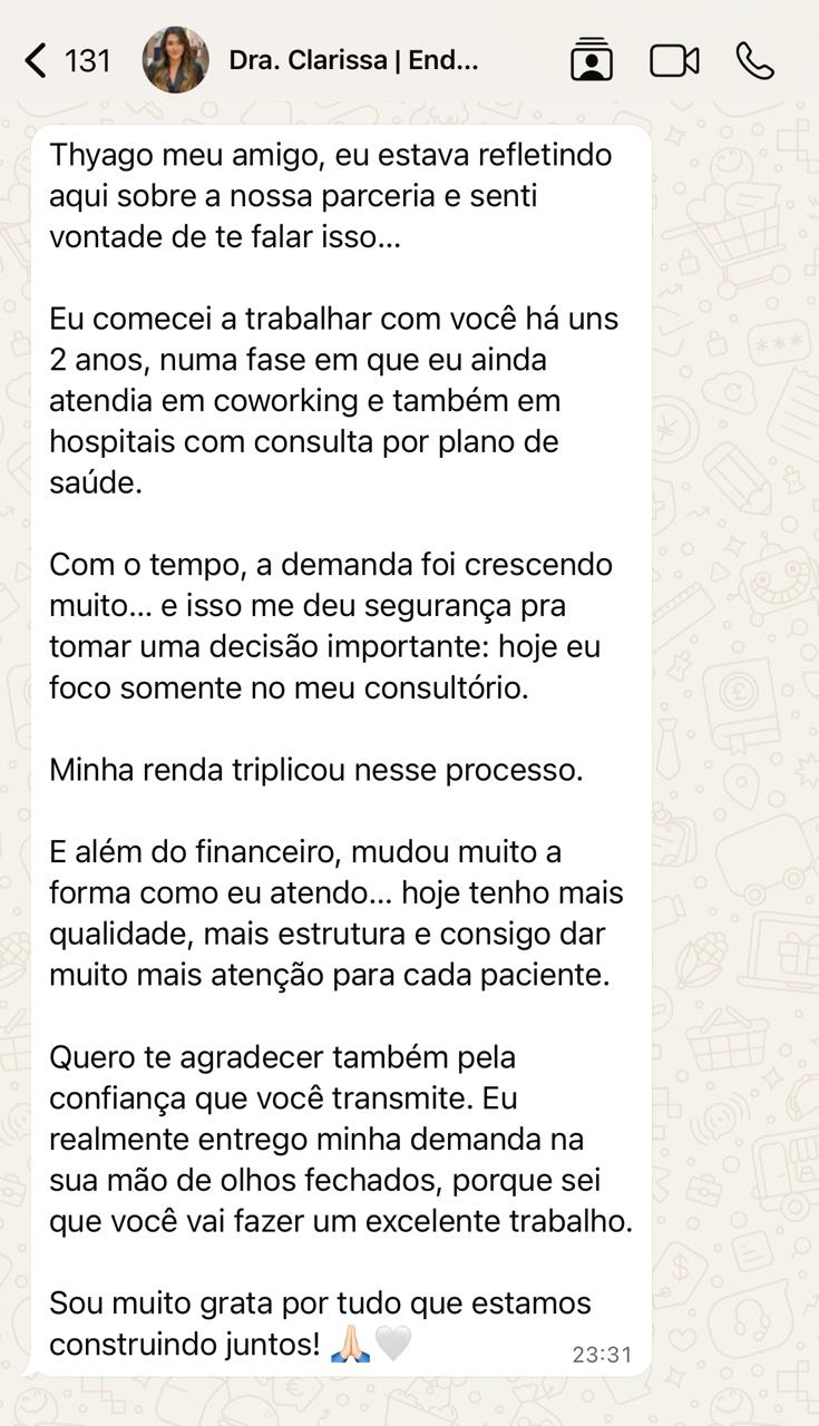 Mensagem de agradecimento da Dra. Clarissa sobre triplicar a renda