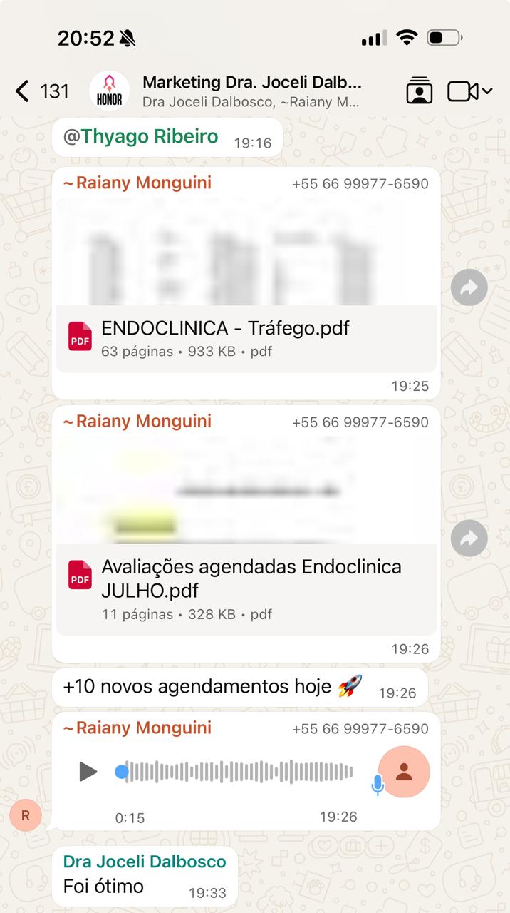 Print de conversa com a Dra. Joceli sobre relatório de tráfego e +10 novos agendamentos em um dia